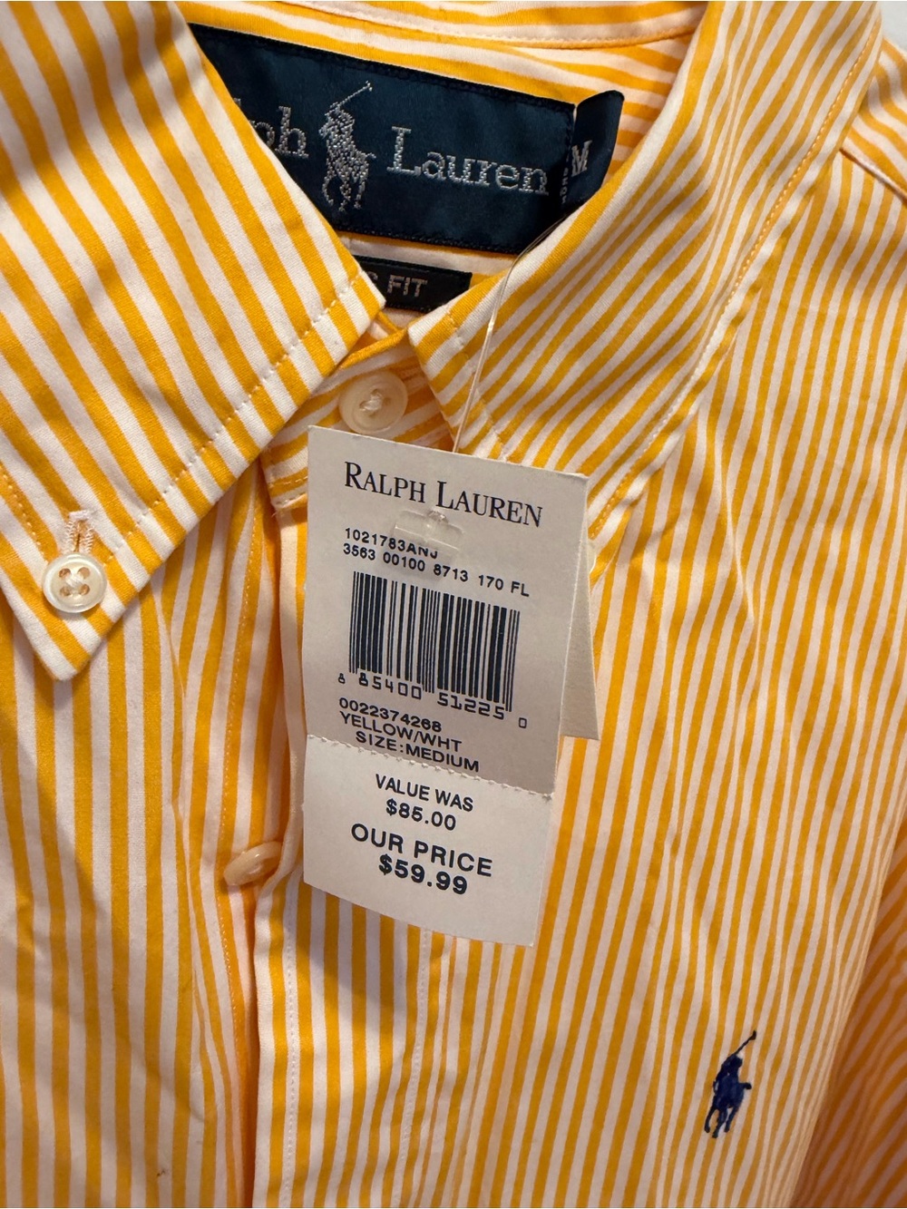 NWT Men’s Ralph Lauren Yellow & White Striped Button-Down Shirt - Picture 2 of 4